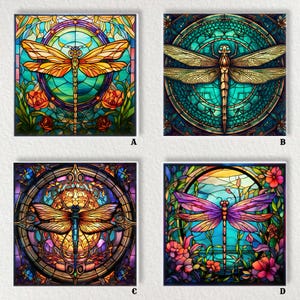 May include: Four square art prints featuring dragonfly designs in a stained-glass style. Each print showcases a dragonfly with intricate wing patterns, set against colorful backgrounds of teal, purple, and gold, surrounded by floral elements.