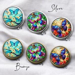 Butterfly Handmade Compact Round Pill Box * Silver or Bronze- Pill Organizer - Medicine Vitamin Supplement Dispenser