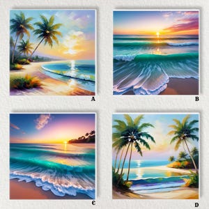 Puede incluir: Cuatro impresiones en lienzo cuadradas que representan escenas de playa. Cada pintura representa una playa tropical con palmeras, arena y olas del océano. Las puestas de sol están pintadas en colores vibrantes de naranja, amarillo, azul y verde.