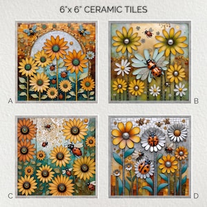 Azulejo de cerâmica artesanal com estampa de insetos, flores e gatos: Arte de parede brilhante, suporte para panelas (15x15 cm)
