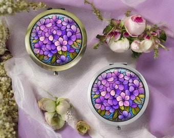Handgefertigter Lila Blumen Kompaktspiegel * Silber oder Bronze