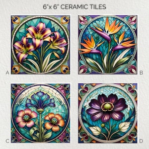 Art Nouveau Flowers Ceramic Decorative Tile 6x6 * Glossy * Trivets * Tile Wall Art * Ceramic Tile