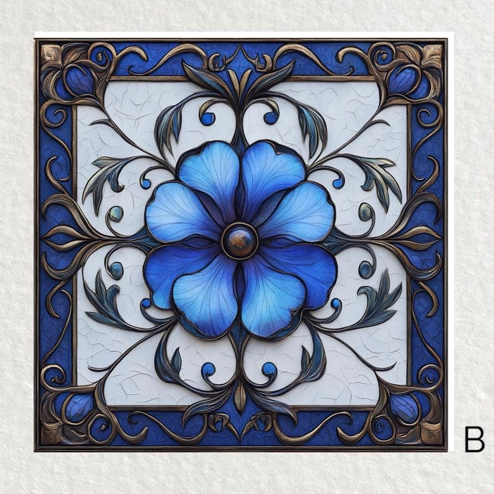 ウォールアート Tuscan/Navy 花柄 フローラル ゲルコート　Ⓣ Art Nouveau Ceramic Tile: Glossy Floral Trivet, Wall Art (6x6”) - Etsy