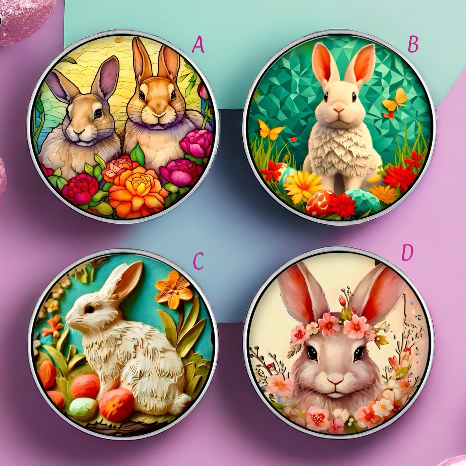 Handmade Easter Bunny Snap Button Charm, will fit into any 18 mm snap jewelry base- Interchangeable Jewelry