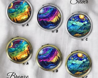Miroir compact en vitrail : miroir de maquillage de poche fait main