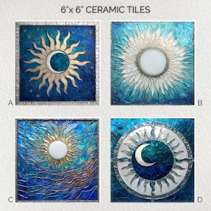 Sun Moon Ceramic Decorative Tile 6x6 * Glossy * Trivets * Tile Wall Art * Ceramic Tile