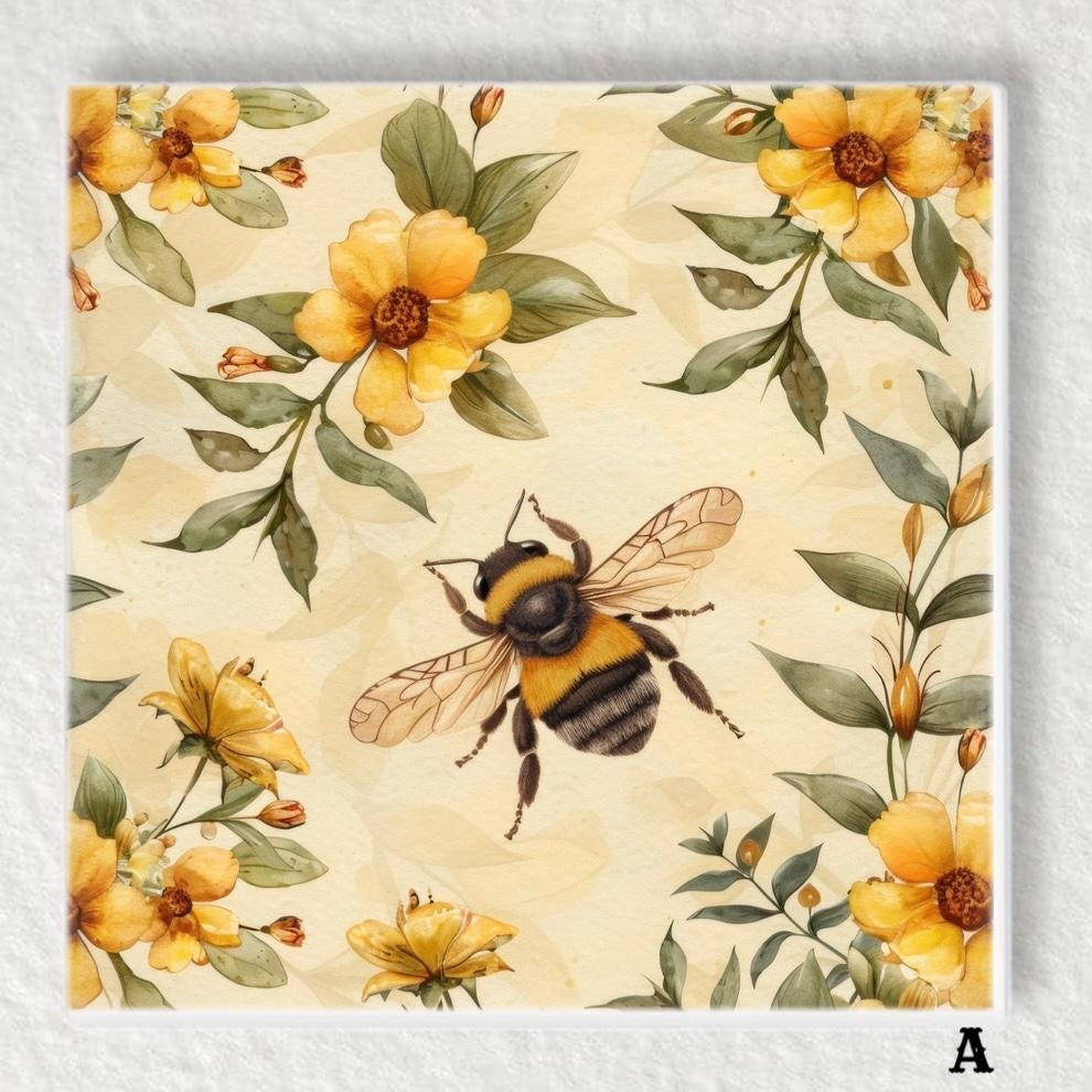 Handmade Bee Ceramic Tile: Glossy Floral Trivet, Wall Art (6x6