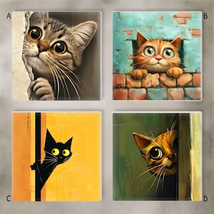 May include: Four square cat art prints. One shows a tabby cat peeking through a torn wall. Another features an orange cat in a brick window. A black cat peeks from behind a yellow wall. The last shows a cat peeking from a green wall.