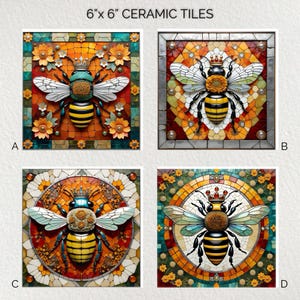 Pode incluir: Quatro azulejos de cerâmica de 15x15 cm com desenhos de abelhas. Cada azulejo apresenta uma abelha detalhada com uma coroa, rodeada por padrões florais e de mosaicos em cores vibrantes. Os azulejos estão rotulados A, B, C e D.