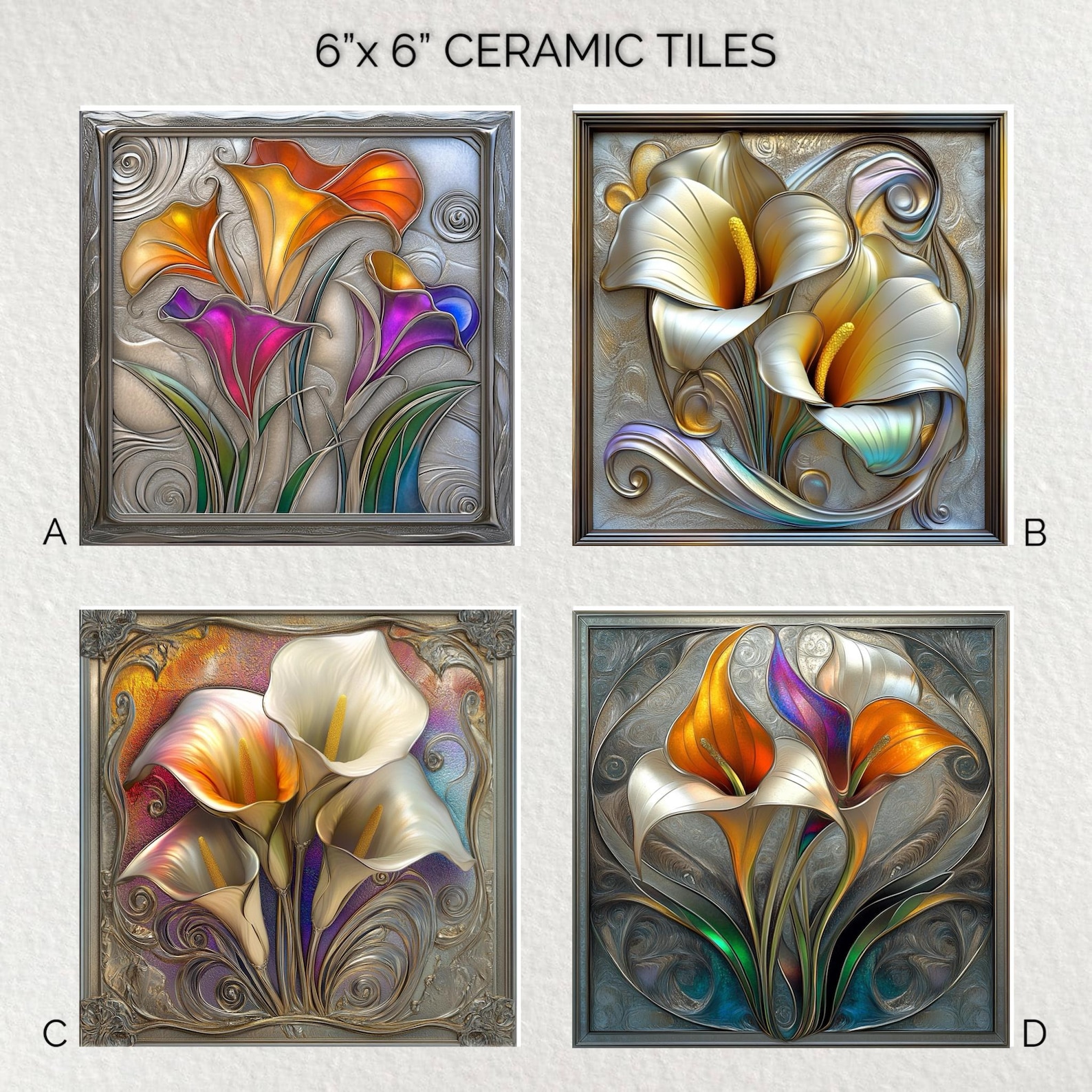 Art Nouveau Calla Lily Ceramic Tile: Glossy Decorative Trivet (6x6