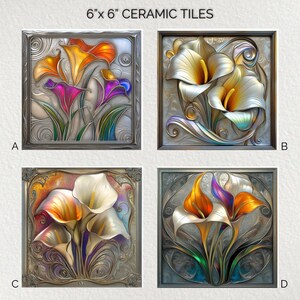 Puede incluir: Cuatro baldosas de cerámica de 15 cm x 15 cm con diseños florales. Cada baldosa presenta una disposición diferente de calas en colores vibrantes como naranja, amarillo, morado y blanco, sobre un fondo texturizado dentro de un marco decorativo.