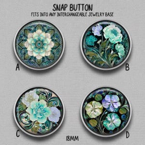 May include: Four circular snap buttons labeled A, B, C, and D, each 18mm in diameter. Button A features a teal mandala pattern. Button B shows teal and white flowers. Button C displays light blue floral motifs. Button D depicts purple and green flowers.