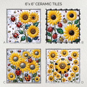 Keramische tegel lieveheersbeestje zonnebloemen: glanzende decoratieve onderzetter (6 x 6)