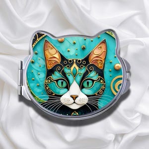 Cat Shaped Compact Mirror * Silver * Makeup Pocket Mirror - Bridal Shower Gift * Birthday Gift * Christmas Gift * Cat Lover Gift