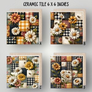 May include: Four square ceramic tiles measuring 15.24 x 15.24 cm each, featuring a patchwork design of gingham, plaid, and floral patterns in yellow, orange, white, and black. Each tile displays daisies, sunflowers, and small bees throughout.