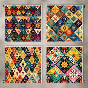 May include: Four square decorative tiles with vibrant, intricate floral and geometric patterns. Each tile features a unique design with a rich color palette including reds, blues, yellows, and greens. The tiles are arranged in a grid, showcasing the variety of designs.