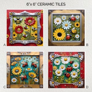 Pode incluir: Quatro azulejos de cerâmica de 15 cm x 15 cm com desenhos florais e de insetos. Cada azulejo apresenta um design em relevo emoldurado de flores, abelhas e joaninhas. Os azulejos têm uma variedade de esquemas de cores, incluindo fundos vermelhos, amarelos, azuis e verdes.