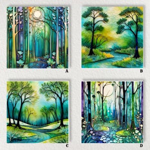 May include: Four square art prints featuring watercolor forest scenes. Each print showcases a unique forest landscape with trees, a stream, and a soft color palette of greens, blues, and yellows. The art style is reminiscent of stained glass.