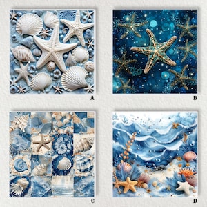 Könnte beinhalten: Vier quadratische Bilder mit Meeresthemen. Eines zeigt Muscheln und Seesterne auf blauem Grund. Ein anderes zeigt Seesterne vor einem dunkelblauen, sternenübersäten Hintergrund. Das dritte ist ein Mosaik aus Muscheln. Das letzte Bild zeigt eine Meereslandschaft mit Wellen und Seesternen.