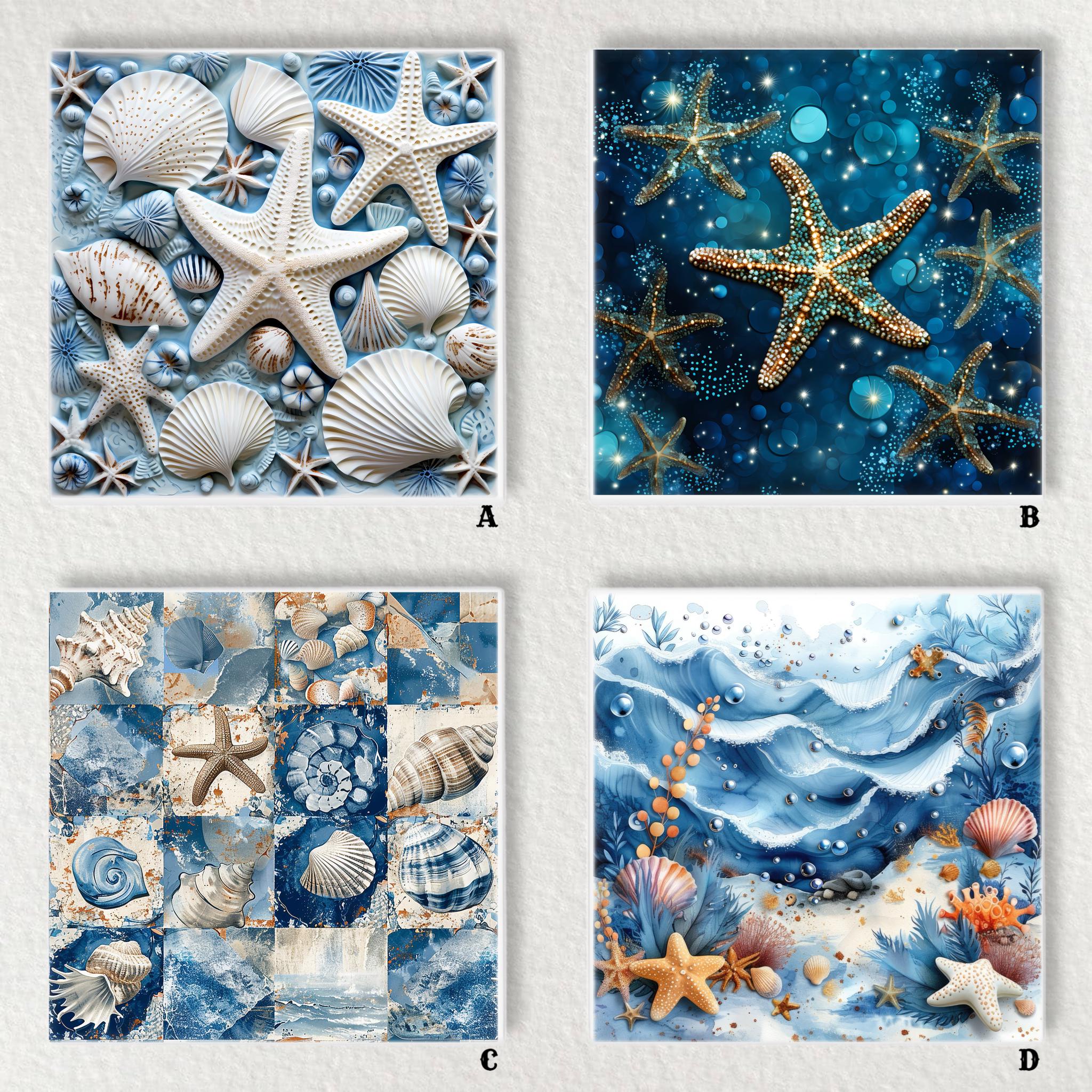 Seashells Ceramic Decorative Tile 6x6 * Glossy * Trivets * Tile Wall Art * Ceramic Tile