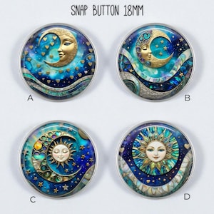 May include: Four 18mm snap buttons with celestial designs. Each button features a different design of a moon or sun with a face, surrounded by stars and a blue and teal background. The text "SNAP BUTTON 18MM" is at the top.