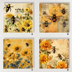 Pode incluir: Quatro estampas quadradas com desenhos de abelhas e flores. Cada estampa apresenta uma composição diferente com abelhas, girassóis e outras flores em tons de amarelo, creme e preto. Os fundos incluem texturas de papel vintage e padrões de favo de mel.