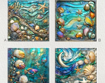 Azulejo de cerámica con conchas marinas: Arte mural costero brillante, salvamanteles (15 x 15 cm)