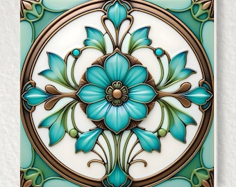 アールヌーボー様式のセラミックタイル：光沢のある花柄の装飾、鍋敷き