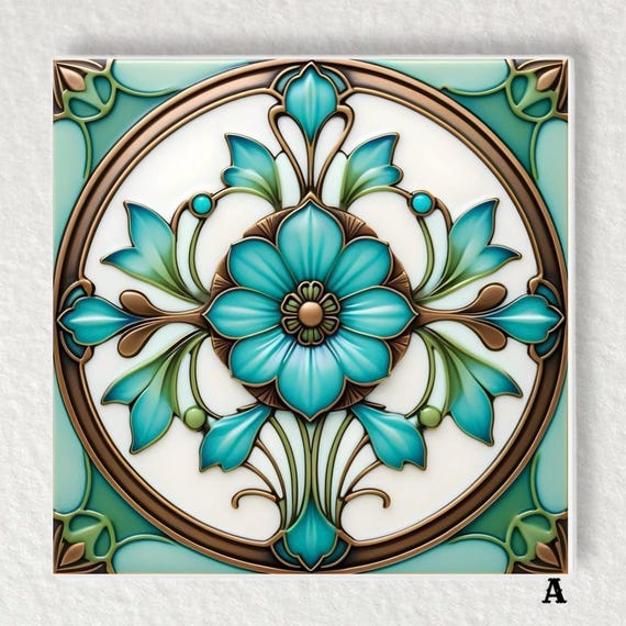 アールヌーボー様式のセラミックタイル：光沢のある花柄の装飾、鍋敷き