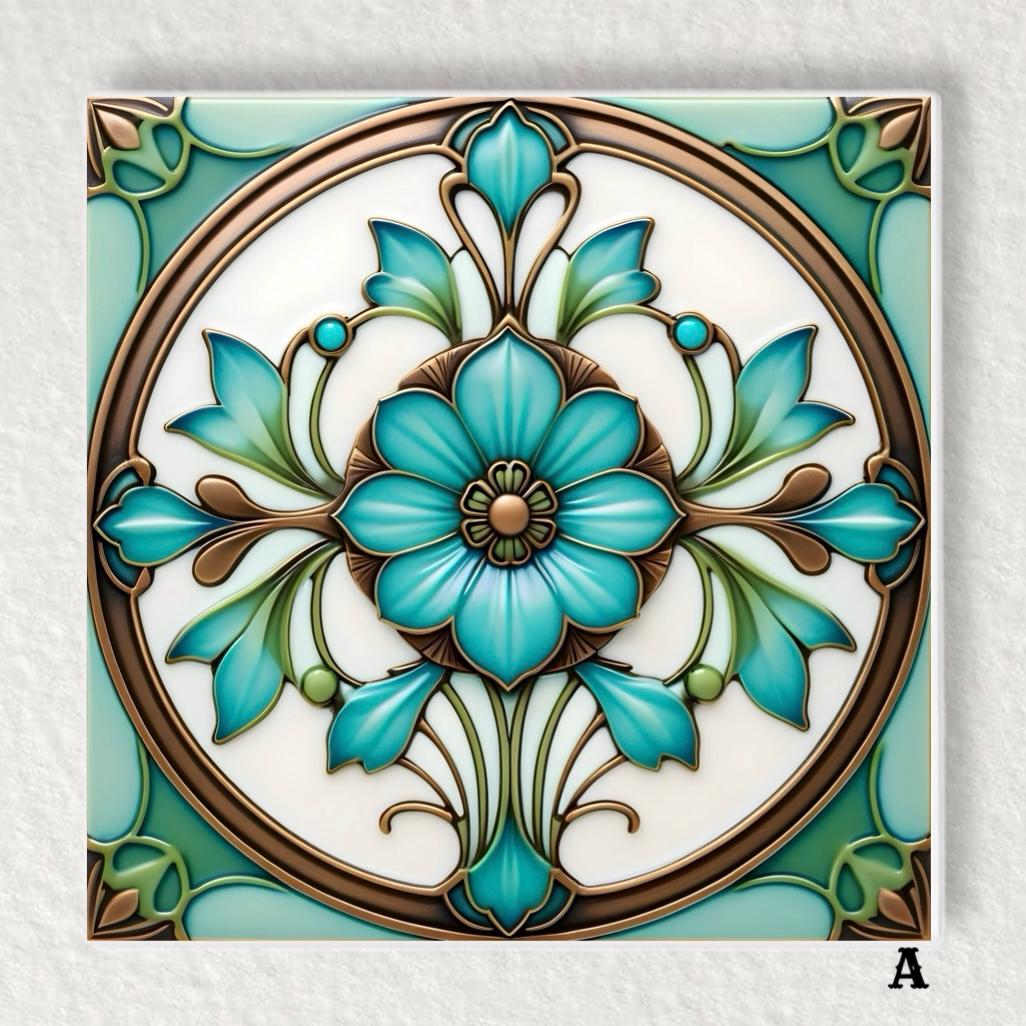 アールヌーボー様式のセラミックタイル：光沢のある花柄の装飾、鍋敷き