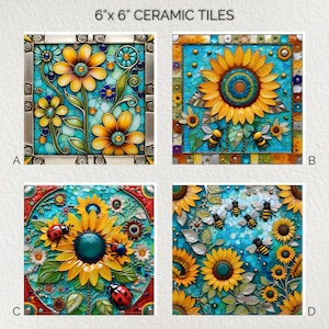 Può includere: Quattro piastrelle in ceramica da 15 cm x 15 cm con disegni floreali. Le piastrelle presentano girasoli gialli vibranti, api e coccinelle su uno sfondo turchese. Ogni piastrella ha un design unico in stile mosaico.
