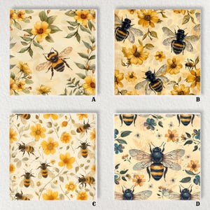 Pode incluir: Quatro imagens quadradas mostrando padrões de abelhas e flores. Cada imagem apresenta um arranjo diferente de abelhas e flores amarelas em um fundo creme. As abelhas são retratadas com listras pretas e amarelas e asas detalhadas.