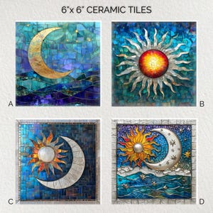 Carrelage décoratif en céramique Sun Moon 6 x 6 po. * Brillant * Dessous de plat * Carrelage d&#39;art mural * Carrelage en céramique