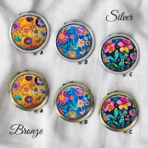 Whimsical Flowers Compact Mirror * Silver or Bronze- Makeup Pocket Mirror - Bridal Shower Gift | Birthday Gift | Christmas Gift