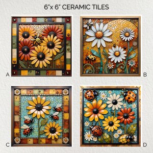 Pode incluir: Quatro azulejos de cerâmica de 15 cm x 15 cm com desenhos florais. Cada azulejo apresenta um arranjo diferente de flores, abelhas e joaninhas. Os azulejos são emoldurados com uma borda de mosaico. O texto "6" x 6" CERAMIC TILES" está no topo.