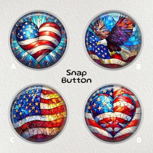May include: Four round snap buttons with patriotic designs. One features a heart with the American flag, another an eagle with the flag, and two others show the flag and a heart. The text "Snap Button" is in the center.