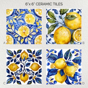 Puede incluir: Cuatro baldosas de cerámica de 15 cm x 15 cm con diseños de limones en acuarela. Las baldosas presentan limones amarillos, hojas azules y patrones florales. Los diseños incluyen limones enteros y en rodajas, con variaciones en la disposición y el estilo. El texto "6" x 6" CERAMIC TILES" está en la parte superior.