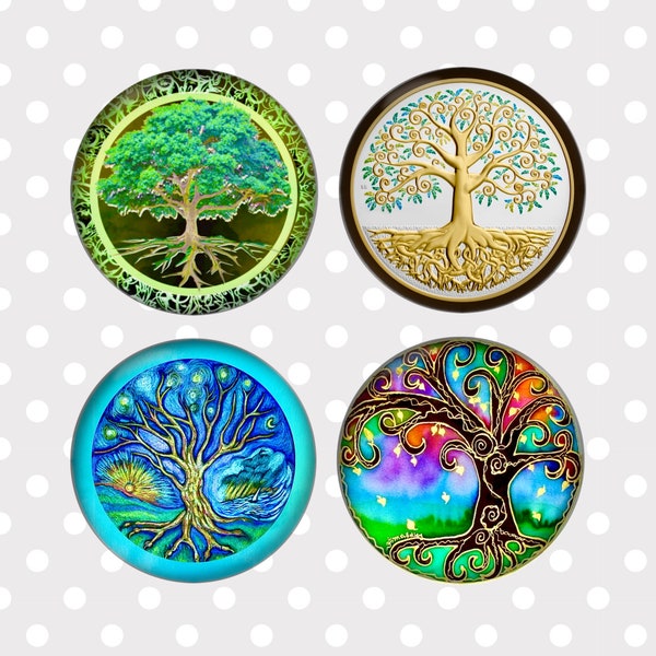 Tree of Life Set of 4 Custom Pin Back Buttons, sizes 1 inch (25mm), 1 1/2 inches (37mm), 2 /4 inches (58mm), Pocket Mirrors and Magnets
