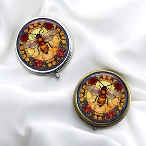 Bee Stained Glass Print Pill Box - Pill Organizer - Medicine Vitamin Supplement Dispenser - Glass or Metal - Silver or Bronze - Handmade