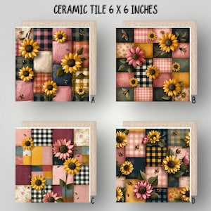 May include: Four square ceramic tiles measuring 15.24 x 15.24 cm, each featuring a patchwork design of plaid and solid coloured squares decorated with sunflowers and bees. The tiles are labelled A, B, C, and D, showcasing various floral arrangements.