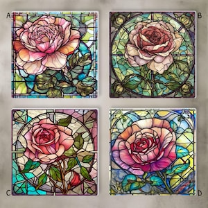 May include: Four square images featuring rose designs in a stained glass style. Each image showcases a different rose, with petals in shades of pink, red, and peach, set against a backdrop of blue, green, and yellow glass.