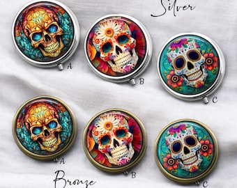 Handmade Skull Pill Box: Silver or Bronze Compact Vitamin Organizer