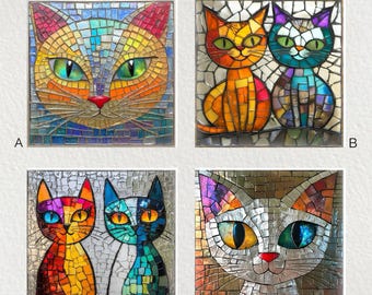 Azulejo de cerámica con diseño de gatos en mosaico - Salvamanteles de pared brillante de 15 x 15 cm