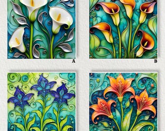 May include: Four square tiles with floral designs. Tile A features white calla lilies with yellow centers and silver leaves. Tile B showcases orange and yellow calla lilies. Tile C displays blue irises. Tile D presents orange lilies.