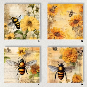 May include: Four square prints featuring bee and flower illustrations. Each print shows a different composition with yellow flowers and bees against a vintage paper background. The artwork has a watercolor effect.