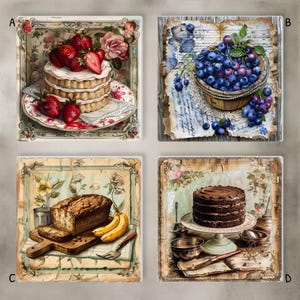 Könnte beinhalten: Vier quadratische Bilder mit Illustrationen von Lebensmitteln im Vintage-Stil. Eines zeigt einen mehrschichtigen Kuchen mit Erdbeeren, ein anderes einen Korb mit Blaubeeren, ein drittes einen Brotlaib mit Bananen und das letzte einen Schokoladenkuchen.