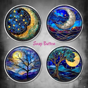 May include: Four round snap buttons with night sky designs. Each button features a different scene with moons, stars, and trees. The text "Snap Button" is displayed in pink. The buttons have silver-coloured metal rims.