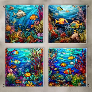 May include: Four square decorative tiles featuring vibrant underwater scenes. Each tile showcases colorful fish, coral, and aquatic plants in a stained-glass style, with a palette of blues, greens, oranges, and reds.