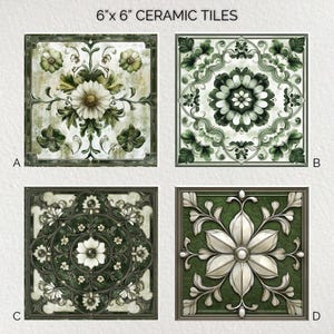 May include: Four 15 cm x 15 cm ceramic tiles with floral designs. The tiles feature various green and white floral patterns within dark green and grey borders. The text "6" x 6" CERAMIC TILES" is at the top.