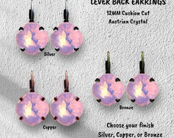 Light Pink Austrian Crystal Lever Back Earrings - 12mm Cushion Cut